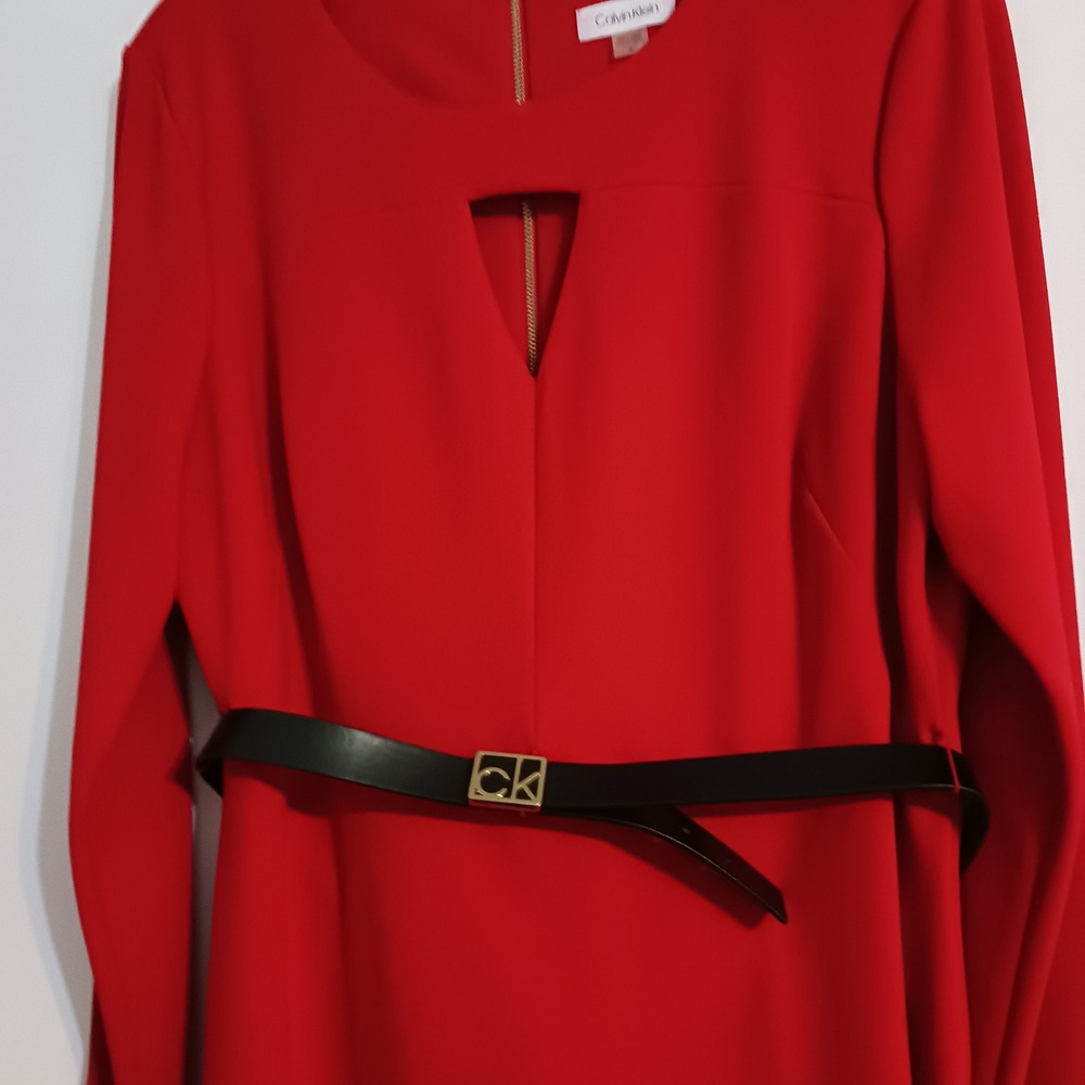 Calvin Klein Sheath Dress Womens 16 Red Excellent Keyhole Belted Long Sleeve
